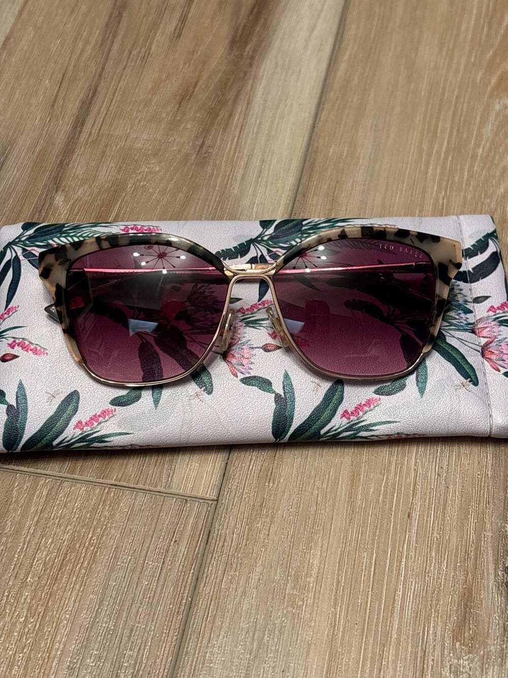 Ted Baker Women's Tortoise Shell Cat Eye Sunglasses with Gold Accents and Pink